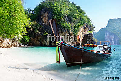 long boat at island in Thailand (bögre) - vászonkép, falikép otthonra és irodába