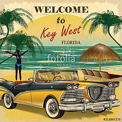 Welcome to Key West, Florida retro poster. (többrészes kép) - vászonkép, falikép otthonra és irodába