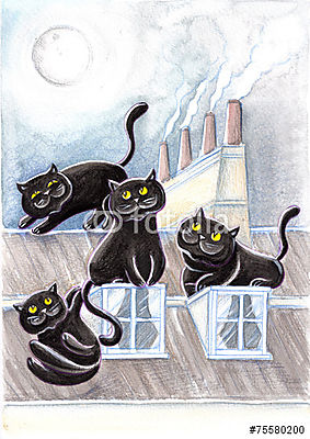Fekete cicák találkozója (keretezett kép) - vászonkép, falikép otthonra és irodába