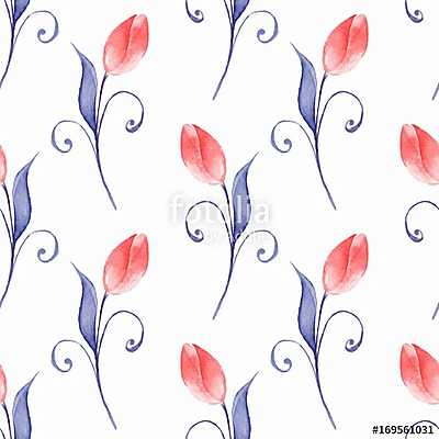 Floral seamless pattern. Watercolor background with red flowers (fotótapéta) - vászonkép, falikép otthonra és irodába