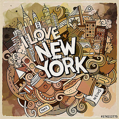Cartoon cute doodles hand drawn I Love New York inscription (bögre) - vászonkép, falikép otthonra és irodába