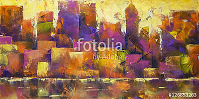 Colorful Cityscape - Acrylic painting of a colorful city skyline (fotótapéta) - vászonkép, falikép otthonra és irodába
