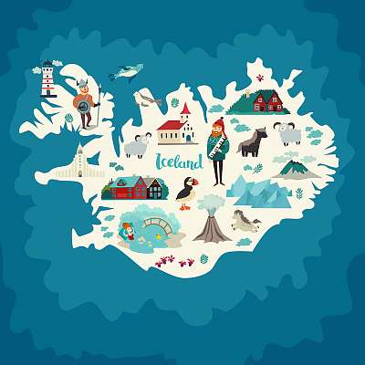 Izland térkép illusztrációkkal (keretezett kép) - vászonkép, falikép otthonra és irodába
