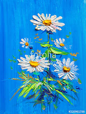 Százszorszép virágok kék hátterrel (olajfestmény reprodukció) (bögre) - vászonkép, falikép otthonra és irodába