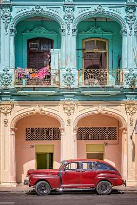 Klasszikus vintage autó és gyarmati koloniális épületek a régi H (vászonkép óra) - vászonkép, falikép otthonra és irodába
