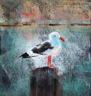 Seagull At The Dock - Acrylic painting of a seagull standing on a wooden dock post. (poszter) - vászonkép, falikép otthonra és irodába