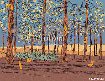 Vector illustration of a pine forest with scurrying squirrels around (poszter) - vászonkép, falikép otthonra és irodába