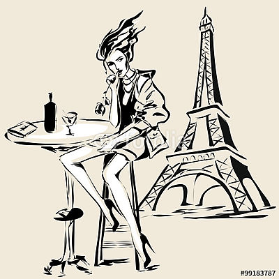 Divatos lány pohár vörösborral, kávézóban, Eiffel közelében  (vászonkép óra) - vászonkép, falikép otthonra és irodába