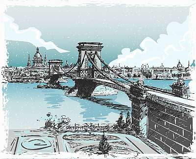 Vintage Hand Drawn View of Lions Bridge in Budapest (poszter) - vászonkép, falikép otthonra és irodába
