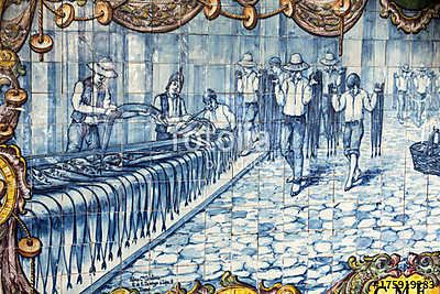  Traditional ceramic tiles in  Funchal on Madeira depicting loca (vászonkép óra) - vászonkép, falikép otthonra és irodába