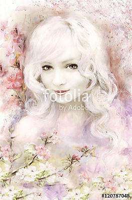 gyönyörű nő, akvarell festés, pasztell rózsaszín és tende (keretezett kép) - vászonkép, falikép otthonra és irodába