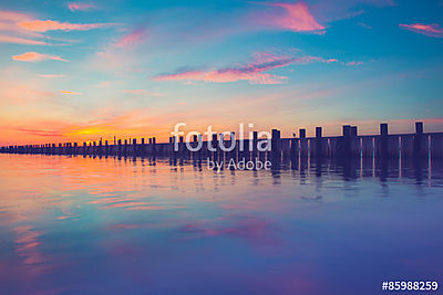 Pier az óceán felett a naplementében, Long Island NY (bögre) - vászonkép, falikép otthonra és irodába