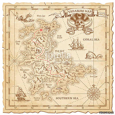 Hi részletesen Vector Treasure Map (vászonkép óra) - vászonkép, falikép otthonra és irodába