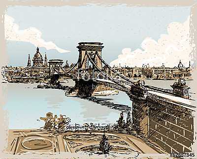 Vintage Hand Drawn View of Lions Bridge in Budapest (fotótapéta) - vászonkép, falikép otthonra és irodába