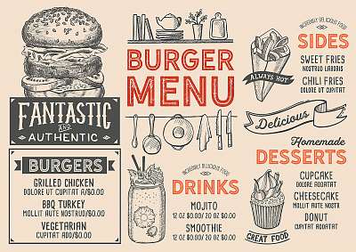Burger restaurant menu. Vector food flyer for bar and cafe. Desi (bögre) - vászonkép, falikép otthonra és irodába