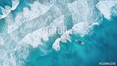 Wave and boat on the beach as a background. Beautiful natural ba (poszter) - vászonkép, falikép otthonra és irodába