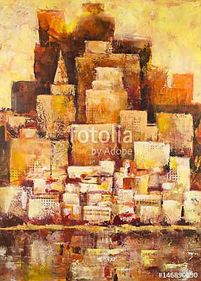 Golden City - Abstract cityscape painting in orange and yellow colors. (bögre) - vászonkép, falikép otthonra és irodába