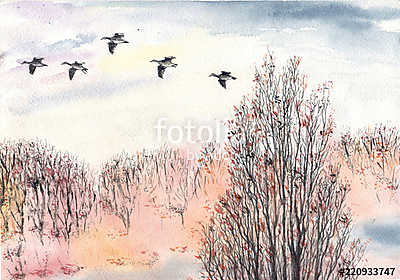Őszi táj madarakkal akvarell (bögre) - vászonkép, falikép otthonra és irodába