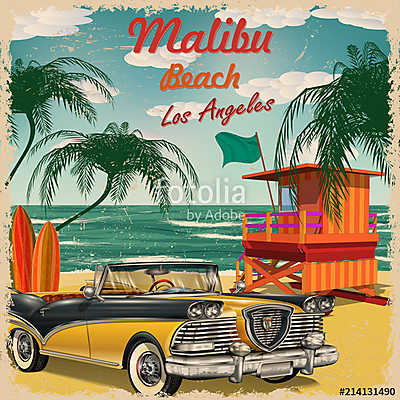 Malibu Beach, California retro poster. (keretezett kép) - vászonkép, falikép otthonra és irodába