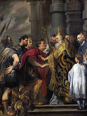 (Szent) Ambrus püspök kitiltja  I. Theodosius császárt a templomból (többrészes kép) - vászonkép, falikép otthonra és irodába