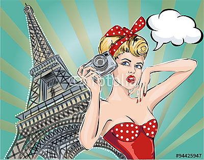 Pop Art, Eiffel torony és vörös ruhás nő (bögre) - vászonkép, falikép otthonra és irodába