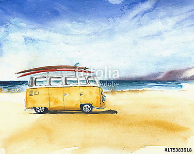 Sárga hippi busz a tengerparton (keretezett kép) - vászonkép, falikép otthonra és irodába