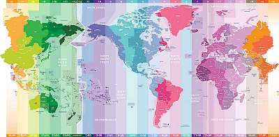 A világ politikai térkép, időzónái  (keretezett kép) - vászonkép, falikép otthonra és irodába