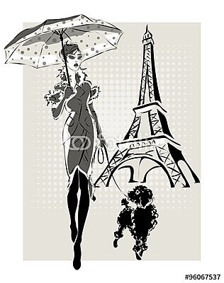 illusztráció Divat nő közelében Eiffel-torony kis kutya (fotótapéta) - vászonkép, falikép otthonra és irodába