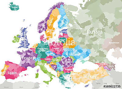 Európa részletes, részletes színes politikai térképe az országok (poszter) - vászonkép, falikép otthonra és irodába