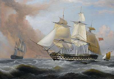 A Kelet-indiai Társaság hajója Dover fehér szikláival a háttérben (fotótapéta) - vászonkép, falikép otthonra és irodába