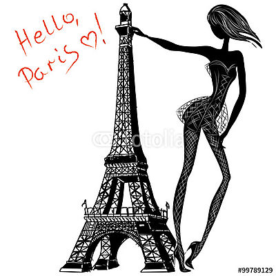 Hello, Párizs. Divat lány az Eiffel-torony közelében (bögre) - vászonkép, falikép otthonra és irodába