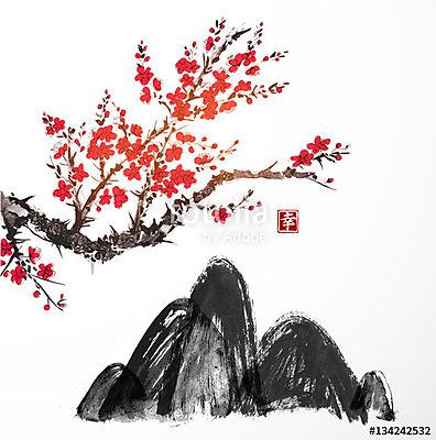 Sakura cseresznyefa virágban és fekete dombokban. Hagyományos or (többrészes kép) - vászonkép, falikép otthonra és irodába