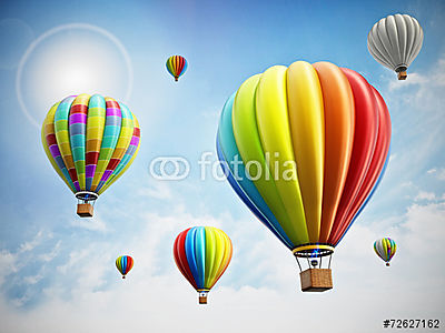 Színes hőlégballonok az égen (keretezett kép) - vászonkép, falikép otthonra és irodába