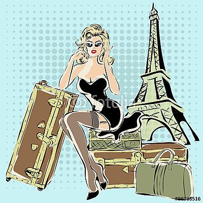 Gyönyörű pin-up nő ül a bőröndök közelében Eiffel Tower Pa (fotótapéta) - vászonkép, falikép otthonra és irodába