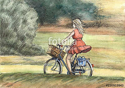 Piros ruhás lány kerékpározik (bögre) - vászonkép, falikép otthonra és irodába