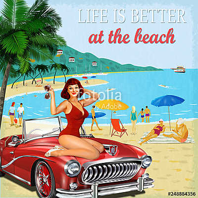 Vintage vacation background with pin-up girl,  retro car and people on the beach (keretezett kép) - vászonkép, falikép otthonra és irodába