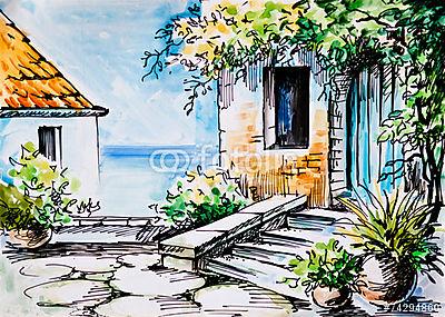 Görög utca (akvarell reprodukció) (fotótapéta) - vászonkép, falikép otthonra és irodába