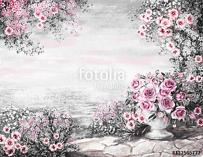 Rózsák és tenger színverzió 1  (olajfestmény reprodukció) (poszter) - vászonkép, falikép otthonra és irodába