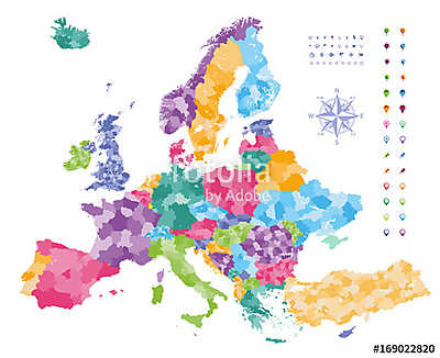 Európa térkép, amelyen a régiók határai vannak.  (poszter) - vászonkép, falikép otthonra és irodába
