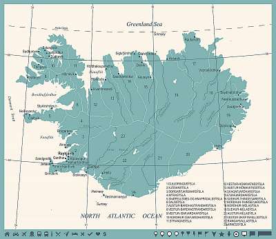 Izland térképe (keretezett kép) - vászonkép, falikép otthonra és irodába