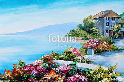 Tenger melletti ház sok virággal (olajfestmény reprodukció) (poszter) - vászonkép, falikép otthonra és irodába