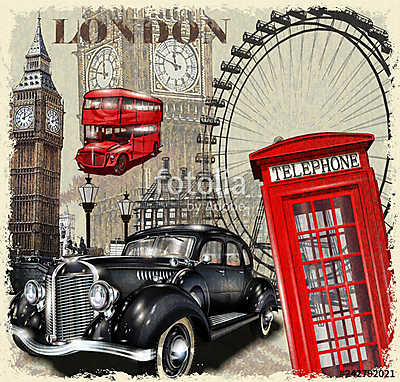 London vintage poster. (keretezett kép) - vászonkép, falikép otthonra és irodába