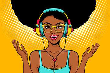 Pop Art - Fekete nő zenét hallgat, fejhallgatóval (fotótapéta) - vászonkép, falikép otthonra és irodába