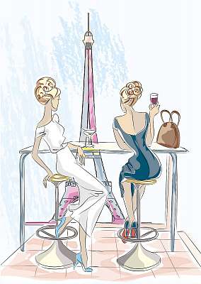 Két gyönyörű nő, kávézóban, koktélban és borban ülve (vászonkép óra) - vászonkép, falikép otthonra és irodába