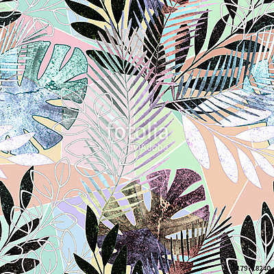 Seamless tropical pattern.Palm leaves on a colorful background. (többrészes kép) - vászonkép, falikép otthonra és irodába