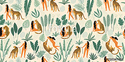 Vector seamless pattern with women, leopards and tropical leaves. (fotótapéta) - vászonkép, falikép otthonra és irodába