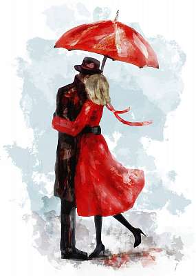 romantikus pár piros esernyő alatt. Csók. Akvarell szép i (többrészes kép) - vászonkép, falikép otthonra és irodába