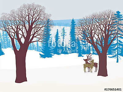 Két szarvas egy havas erdőben (keretezett kép) - vászonkép, falikép otthonra és irodába