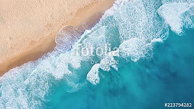 Beach and waves from top view. Turquoise water background from top view. Summer seascape from air. Top view from drone. Travel c (poszter) - vászonkép, falikép otthonra és irodába