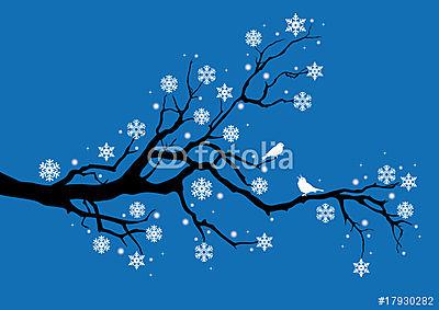 téli fa hópelyhekkel és madarakkal, vektorral (poszter) - vászonkép, falikép otthonra és irodába